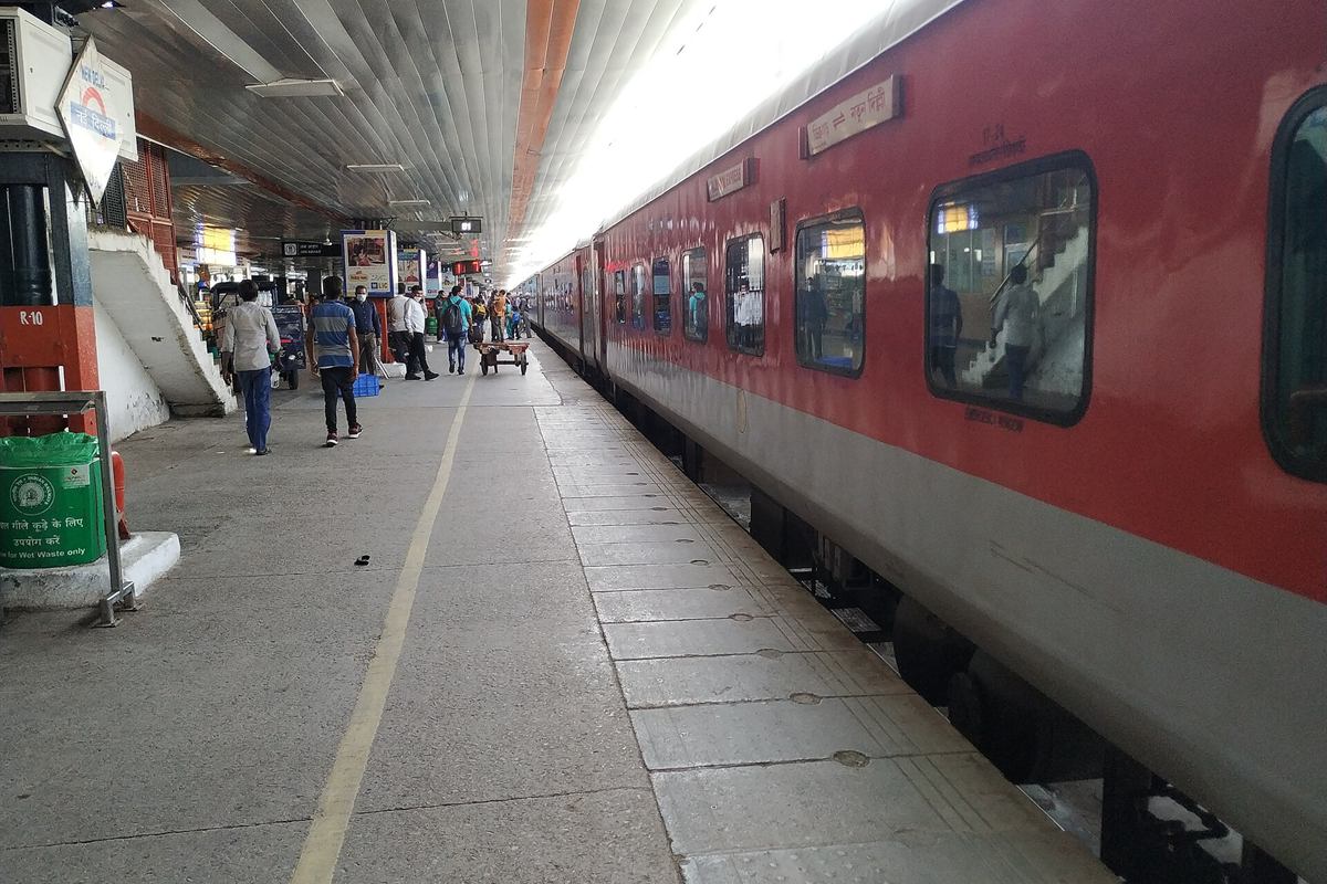 The Dibrugarh Rajdhani Express standing at platform 16 of New Delhi railway station